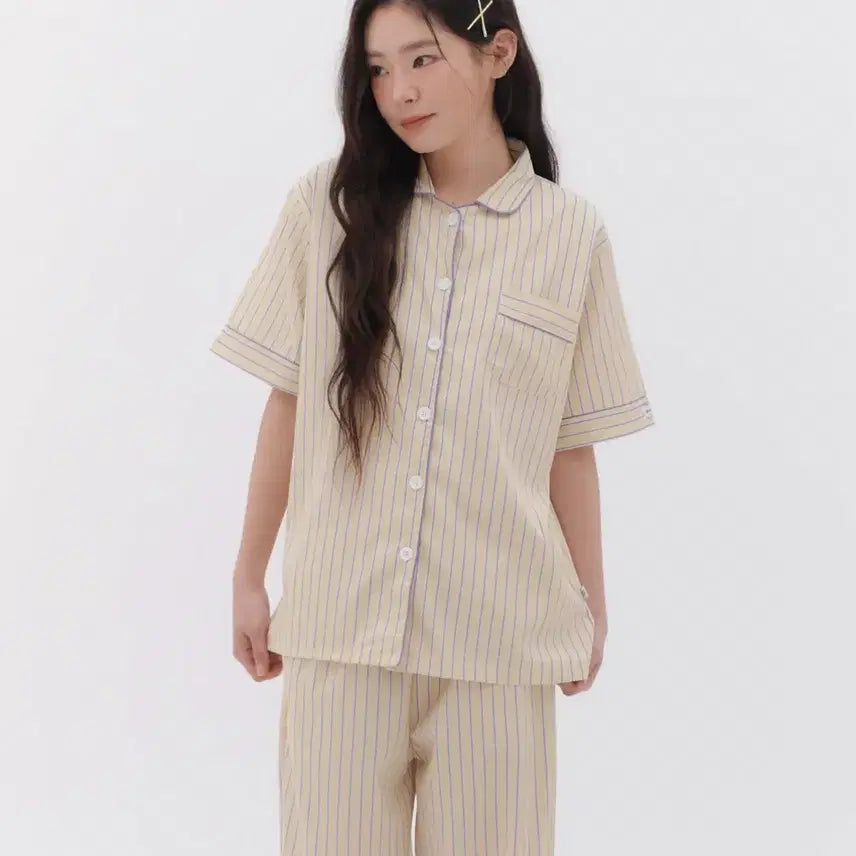 [BUNJANG] Off Hour Butter Cream Short Sleeve Pajama Set / 새상품) 오프아워 버터크림 반팔 긴바지 잠옷 세트