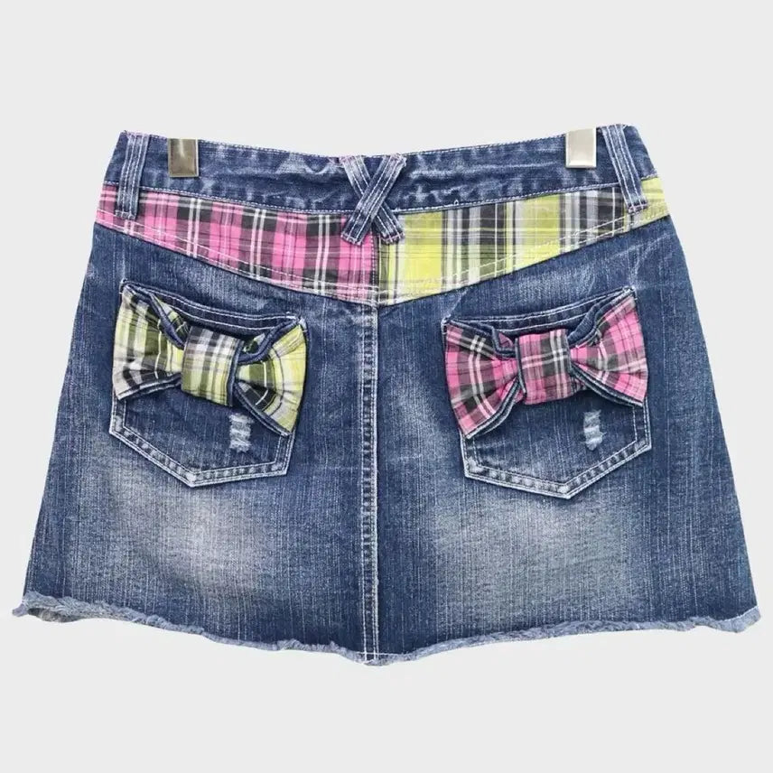 [BUNJANG] Colza Check Ribbon Pocket Denim Mini Skirt / Colza 체크 리본 포켓 데님 스커트 y2k 빈티지 일브 키치 갸루 스트릿 미니스커트 청치마 캔디 와투케