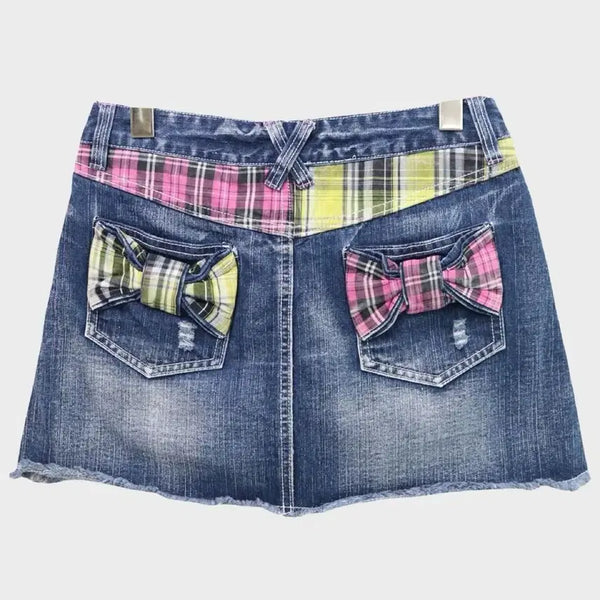 [BUNJANG] Colza Check Ribbon Pocket Denim Mini Skirt / Colza 체크 리본 포켓 데님 스커트 y2k 빈티지 일브 키치 갸루 스트릿 미니스커트 청치마 캔디 와투케