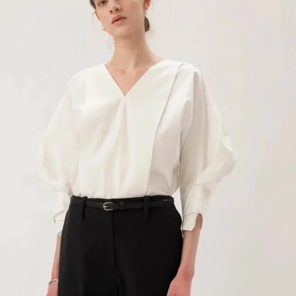 [BUNJANG] Kinder Salmon Cocoon Sleeve V-Neck Blouse White / 킨더살몬 코쿤 슬리브 브이넥 블라우스 화이트