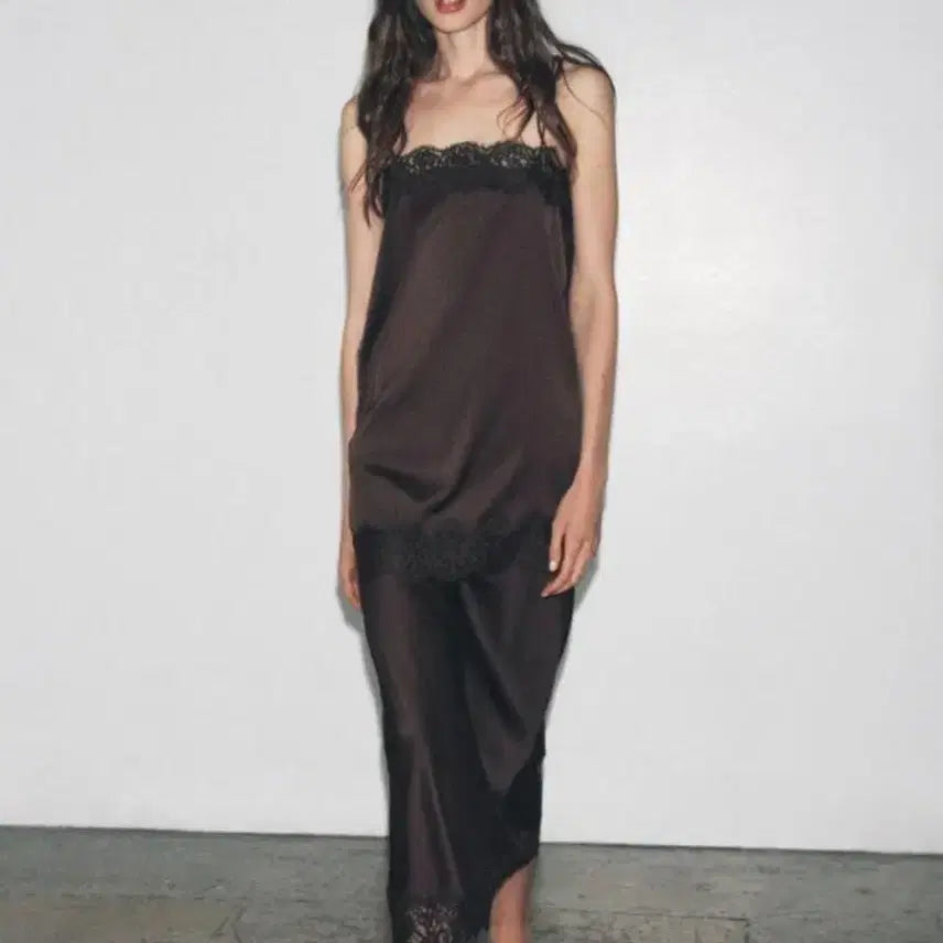 [BUNJANG] Zara Brown Lace Slip Dress / 자라  브라운   레이스 슬립 원피스