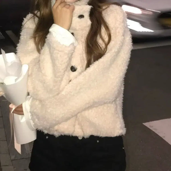 [BUNJANG] Fleece High-Neck Puffer Jacket Cream / 양털 하이넥 뽀글이퍼자켓 점퍼 크림