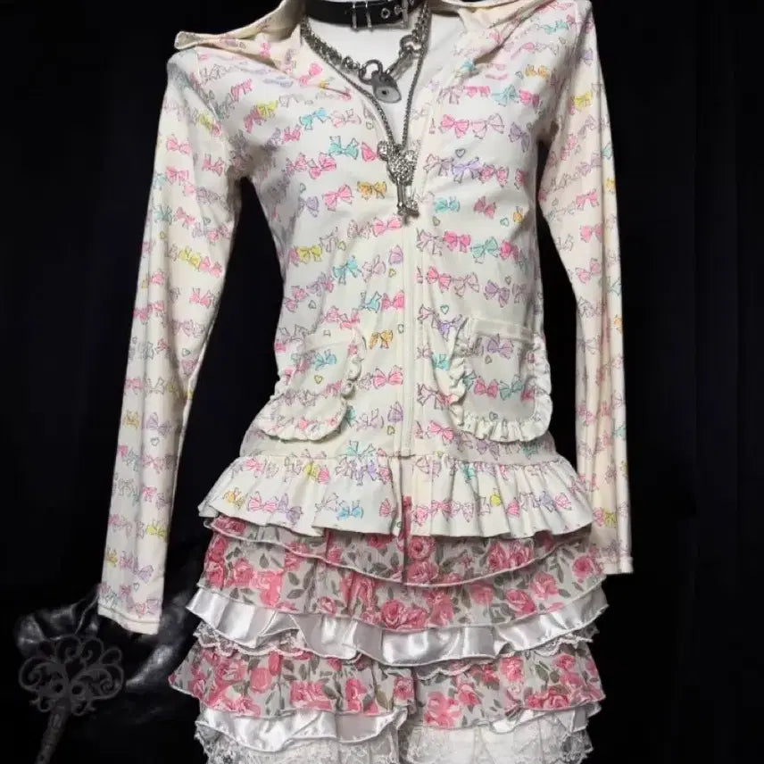 [BUNJANG] Akihomura Ribbon Pattern Frill Detail Hoodie Zip-up / 아케호무빈티지 리본 패턴 프릴 디테일 후드집업 히메갸루 라떼갸루 로걀