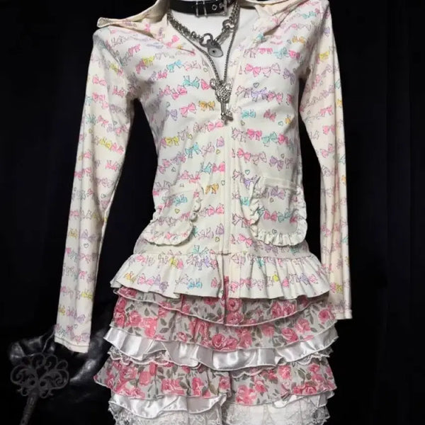 [BUNJANG] Akihomura Ribbon Pattern Frill Detail Hoodie Zip-up / 아케호무빈티지 리본 패턴 프릴 디테일 후드집업 히메갸루 라떼갸루 로걀