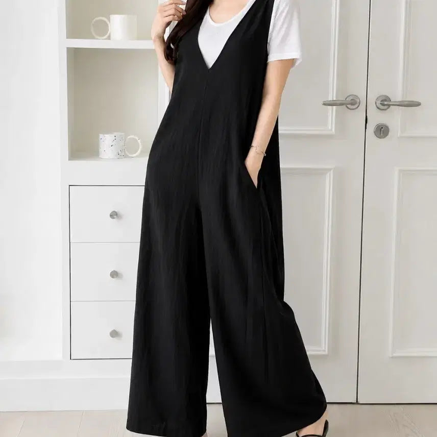 [BUNJANG] Linen Wide Jumpsuit Black / 국내생산 린넨 퀄리티좋음 블랙 와이드 점프수트
