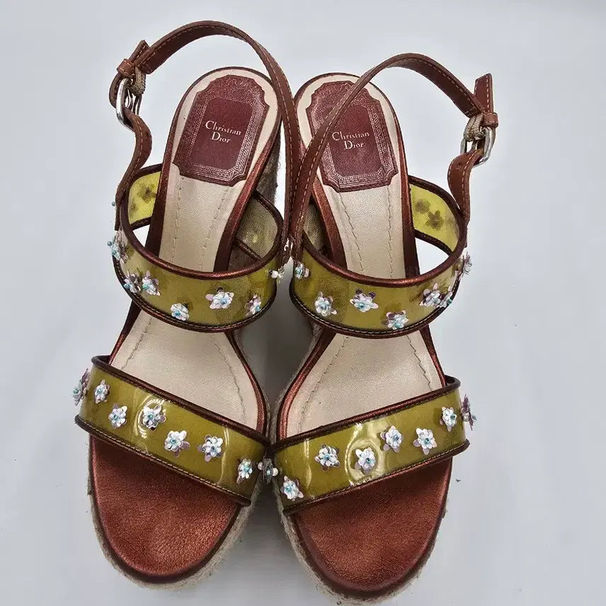 [BUNJANG] Christian Dior Wedge Sandals Brown Olive Floral Size 35.5 (230) / 크리스찬 디올 웨지 샌들 35.5 / 230