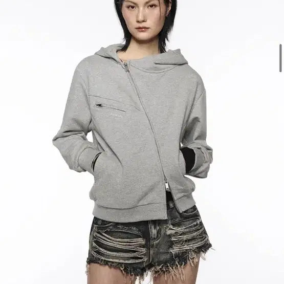 [BUNJANG] ROCKCAKE Asymmetry Zip-Up Hoodie / 락케이크 Asymmetry zip up hoodie 사선 그레이 후드집업