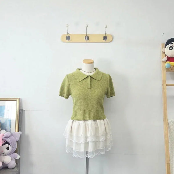 [BUNJANG] LAFUDGE Green Collar Short Sleeve Knit / 빈티지 만원샵 LAFUDGE 그린 카라 반팔 니트