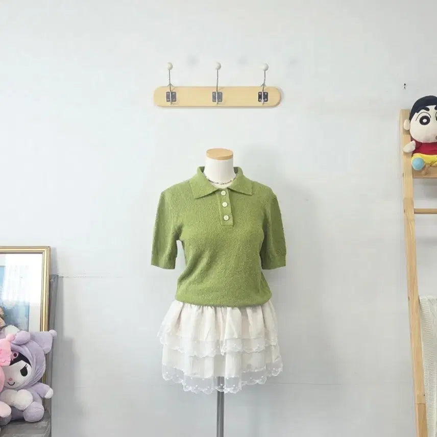[BUNJANG] TOPTEN Green Collar Short Sleeve Knit / 빈티지 만원샵 TOPTEN 그린 카라 반팔 니트