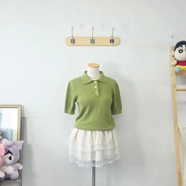 [BUNJANG] TOPTEN Green Collar Short Sleeve Knit / 빈티지 만원샵 TOPTEN 그린 카라 반팔 니트