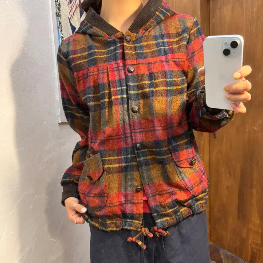 [BUNJANG] Vintage Women's Check Hooded Cotton Jacket / 빈티지 여성 체크 후드 코튼 자켓 (h282)
