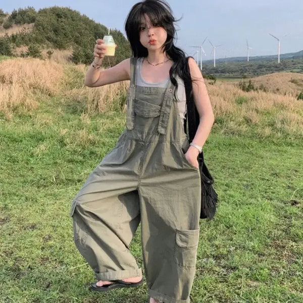 [BUNJANG] Abigale Hub Cotton Cargo Bib Pants / 에이비글 허브 코튼 카고 멜빵 바지 하체보정 하비 빅사이즈 벌룬팬츠 와이드팬츠 카고팬츠