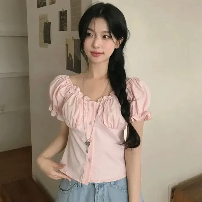 [BUNJANG] Avery Cream Sugar Short Sleeve Puff Blouse - Pink / (새상품,가격고정)에이블리 크림슈가 반팔 퍼프 블라우스 핑크