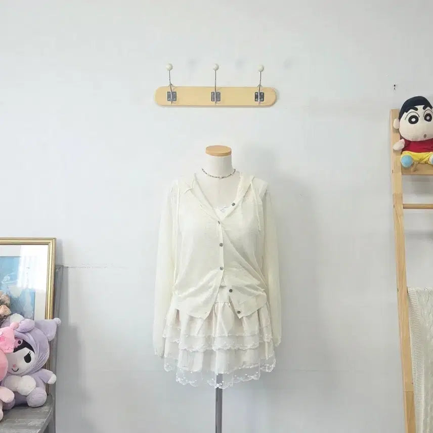 [BUNJANG] LUCKY Ivory Hooded Knit Cardigan / 빈티지 만원샵 LUCKY 아이보리 후드 니트 가디건