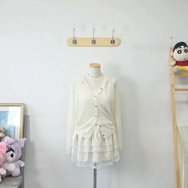 [BUNJANG] LUCKY Ivory Hooded Knit Cardigan / 빈티지 만원샵 LUCKY 아이보리 후드 니트 가디건