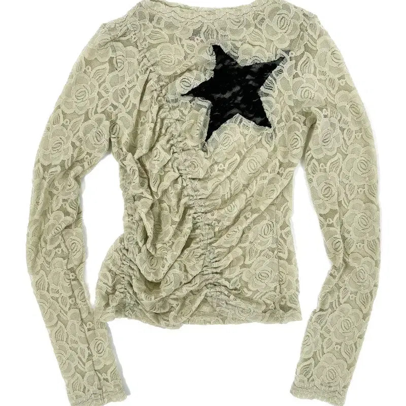 [BUNJANG] Alkmi Lace Star Shirring Long Sleeve Top - Olive / 알크미 Lace Star Shirring Top Olive 셔링 긴팔 탑 S