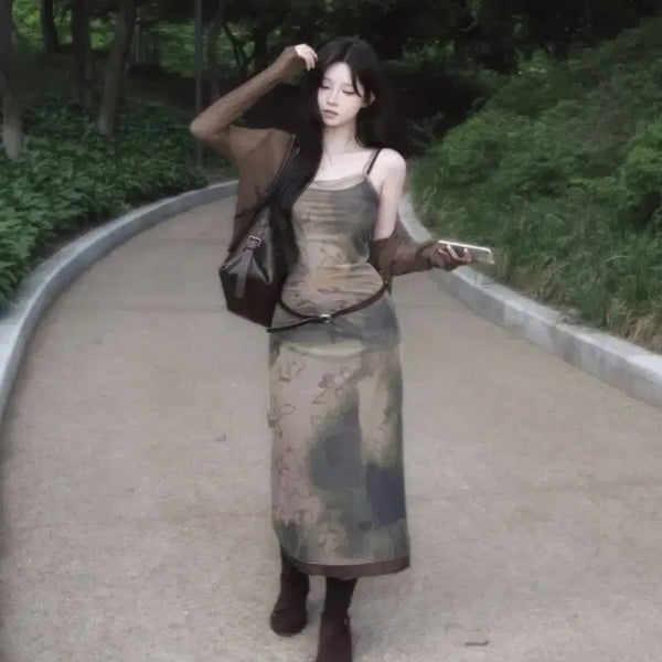 [BUNJANG] Ebly Youhwa Layered Long Sleeveless Dress Set / 에이블리 유화 레이어드 롱 나시원피스 세트