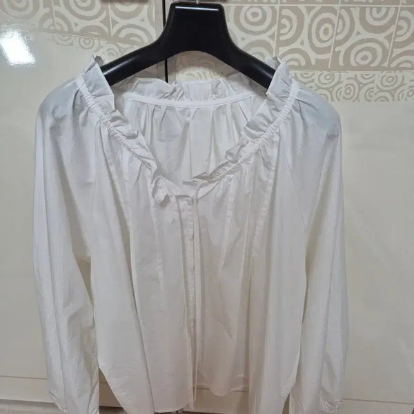 [BUNJANG] Frill Detail Long Sleeve Blouse White / 새상품 프릴 블라우스 화이트 긴팔 신상