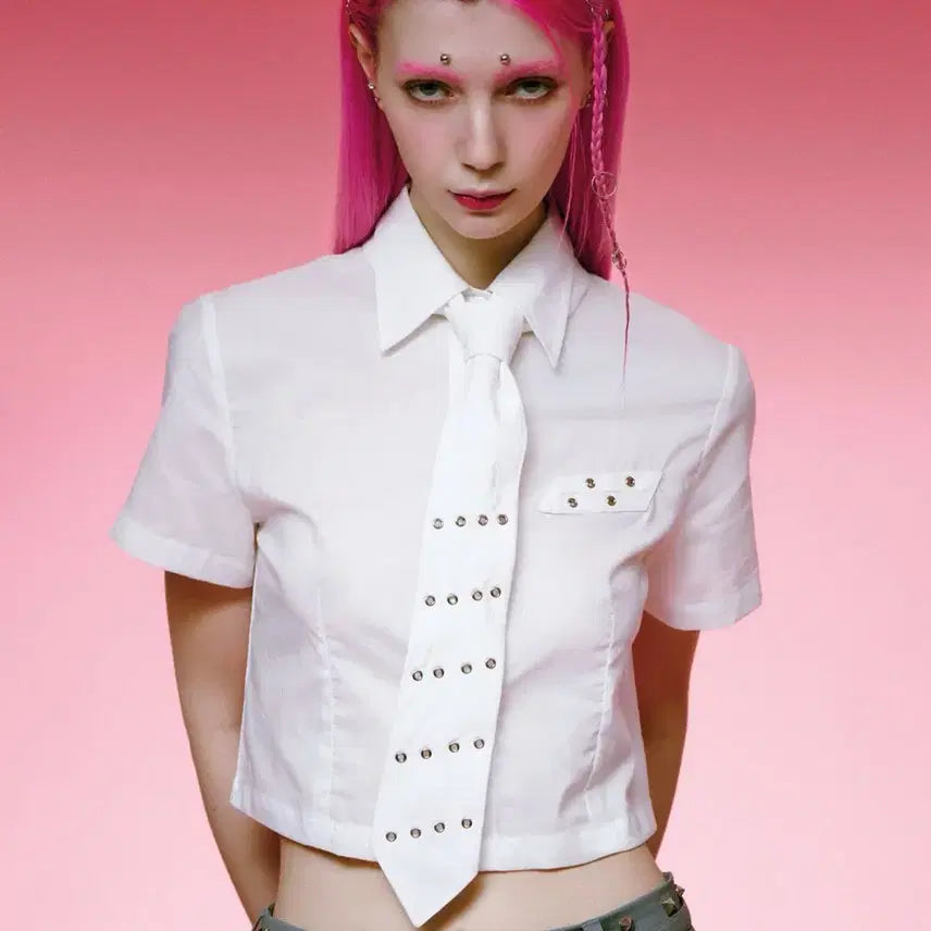 [BUNJANG] Quasipurity Cotton Crop Shirt Tie Set / 콰지퓨리티 코튼 크롭 셔츠 타이 세트 S