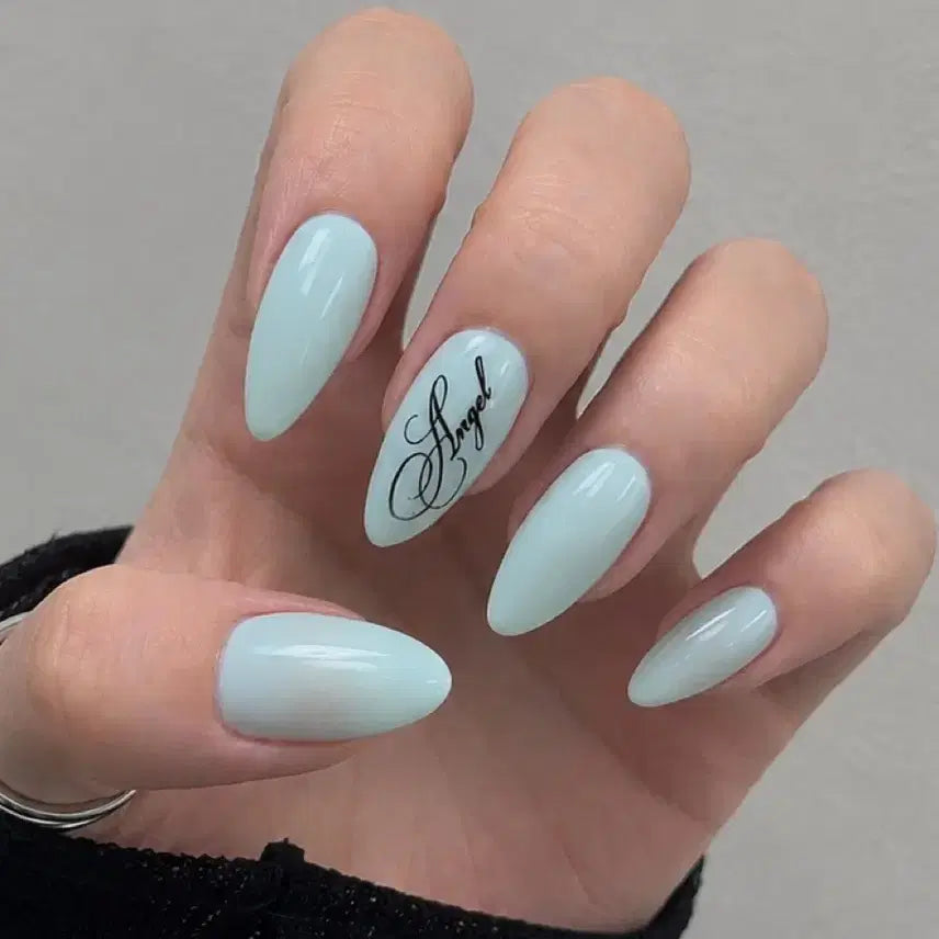 [BUNJANG] NVMZ Mint Angel Lettering Tattoo Handmade Nail Tips / 민트 엔젤 레터링타투 수제네일팁