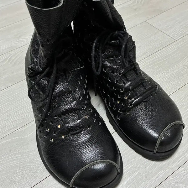 [BUNJANG] Unique Leather Perforated Mori Girl Lace-Up Boots / 천연가죽 펀칭 모리걸 레이스업 유니크 가죽 부츠