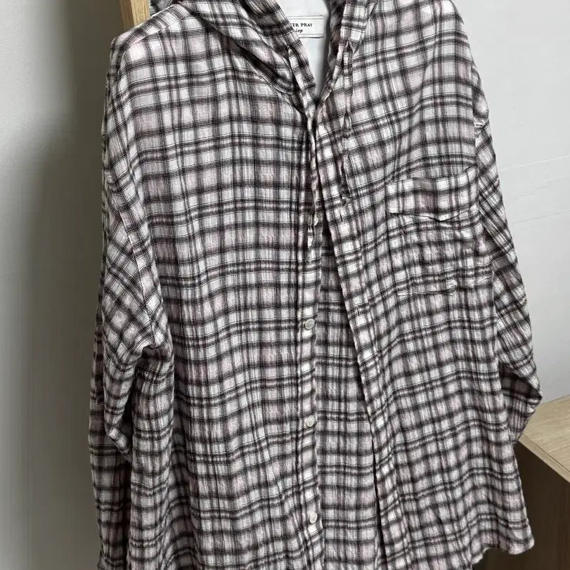 [BUNJANG] Afterpray Oversized Check Hoodie Shirt Dusty Pink / [L] 애프터프레이 오버사이즈드 체크 후디 셔츠 더스티핑크