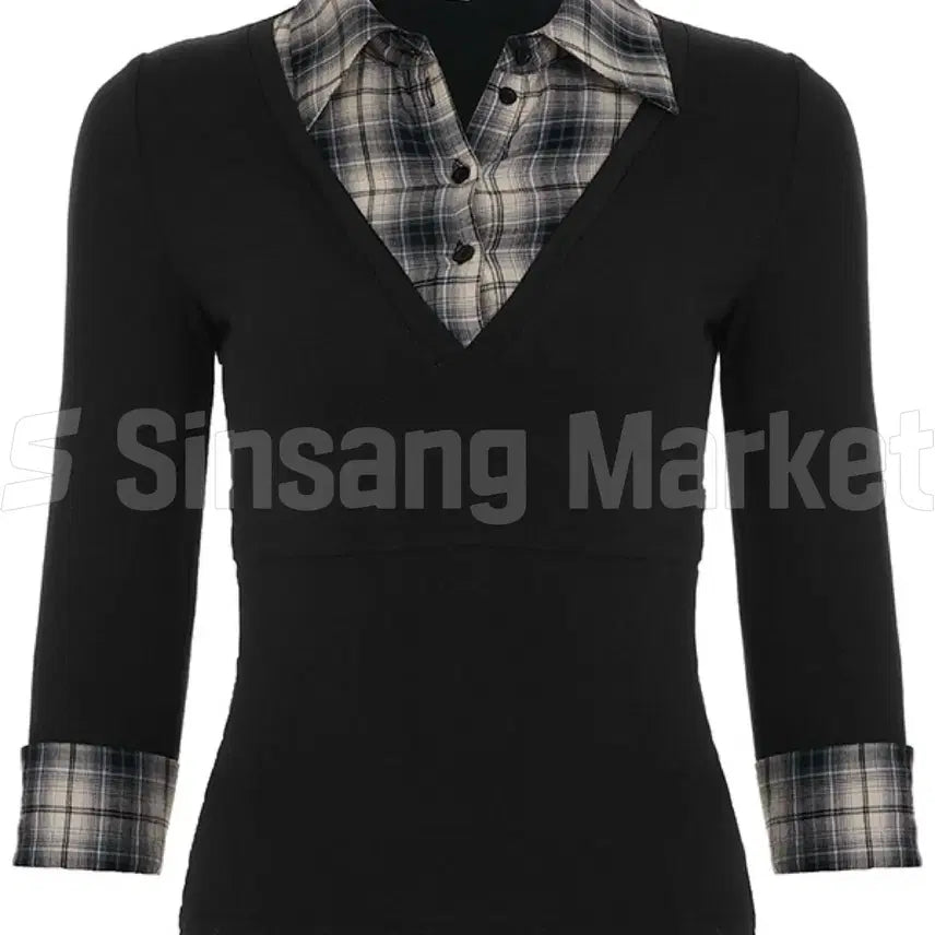 [BUNJANG] Geek chic Janing Check T-shirt Integrated Shirt V-neck Slim Sexy / [빠른발송] 긱시크 제이닝 체크 티셔츠 셔츠일체형 랩 브이넥 슬림 섹시