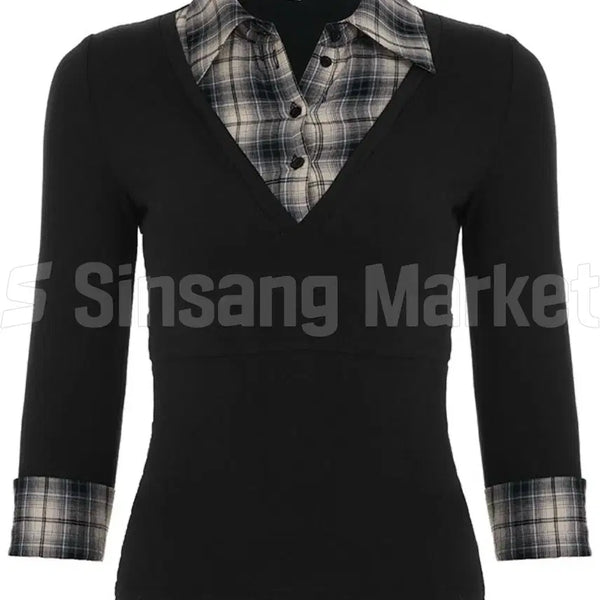 [BUNJANG] Geek chic Janing Check T-shirt Integrated Shirt V-neck Slim Sexy / [빠른발송] 긱시크 제이닝 체크 티셔츠 셔츠일체형 랩 브이넥 슬림 섹시