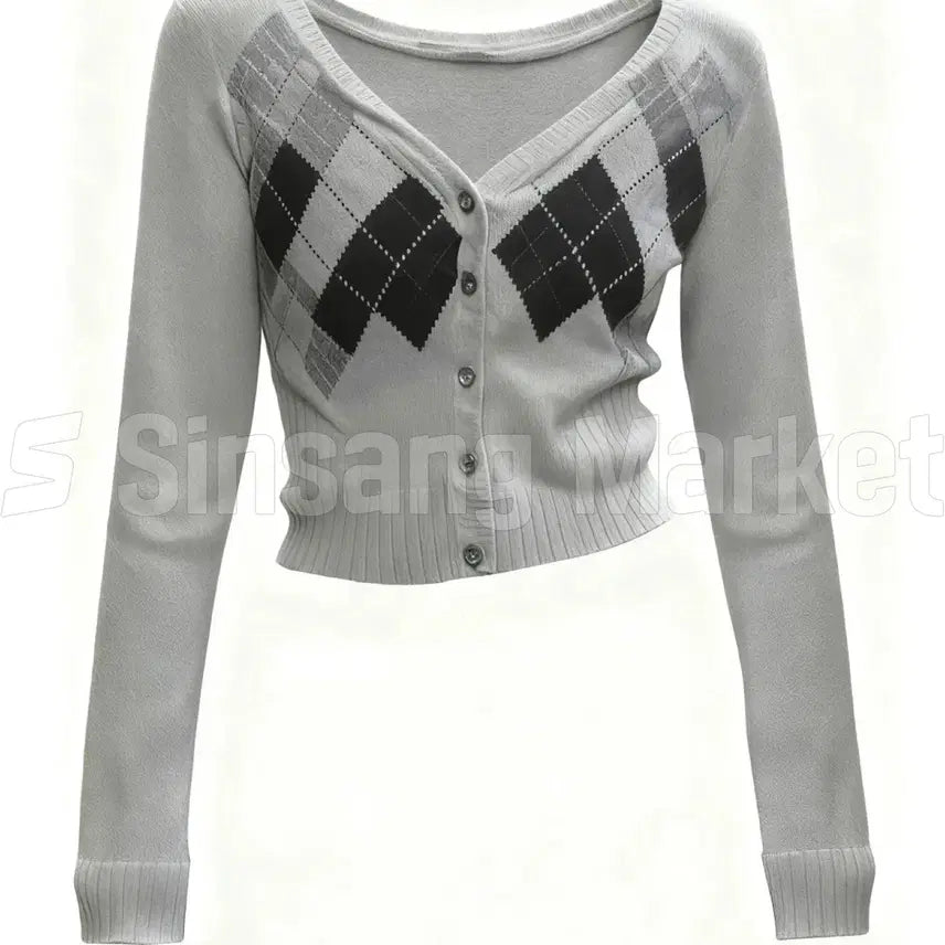 [BUNJANG] Argyle Slim Knit Cardigan Semi-Crop Inner T-shirt / [빠른발송] 아가일 슬림 니트 가디건 세미크롭 이너 티셔츠 대박상품