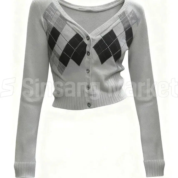 [BUNJANG] Argyle Slim Knit Cardigan Semi-Crop Inner T-shirt / [빠른발송] 아가일 슬림 니트 가디건 세미크롭 이너 티셔츠 대박상품