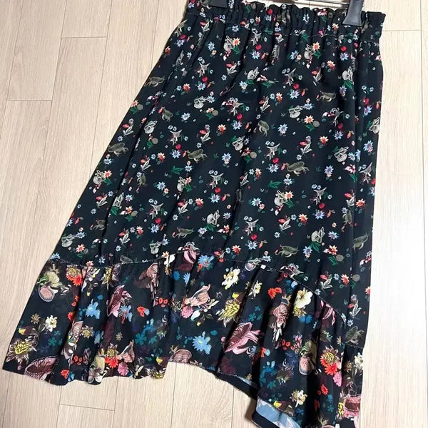 [BUNJANG] TIME Flower Chiffon Skirt Black / 한섬 타임 TIME 플라워 쉬폰 스커트 밴딩 꽃 롱치마 블랙 검정 언발 프릴 러플
