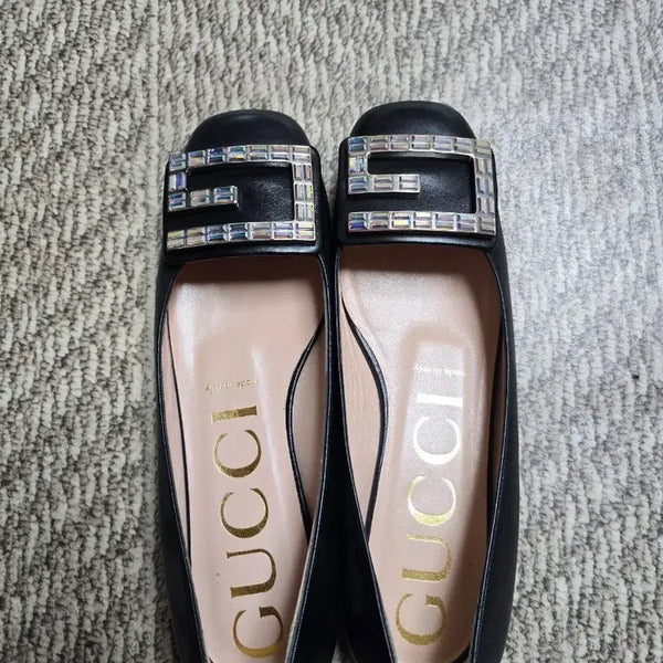 [BUNJANG] Gucci G Crystal Logo Leather Flat Shoes / 구찌 G 크리스탈 로고 레더 플랫 슈즈