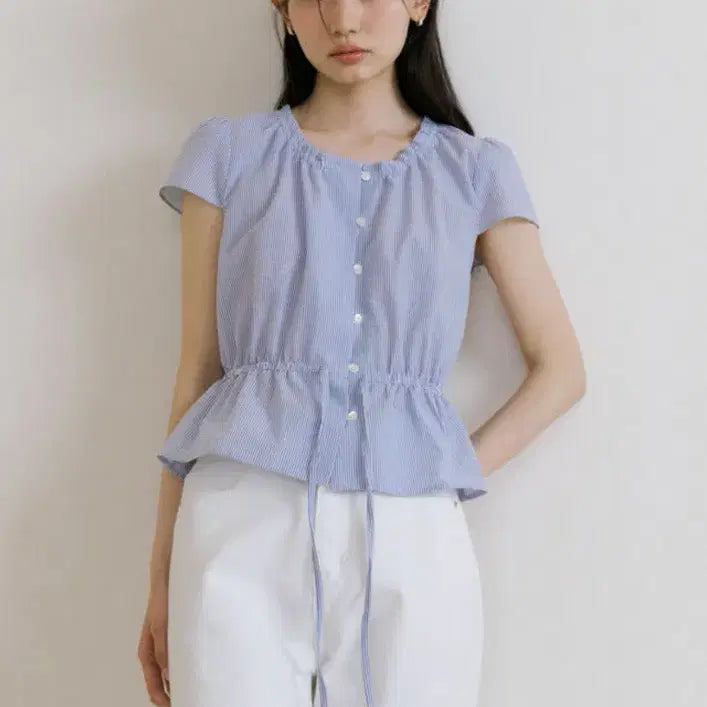 [BUNJANG] Ring Seoul Shirring Peplum Blouse - Stripe Blue / 링서울 shirring peplum blouse-stripe 스트라이프 블루 블라우스