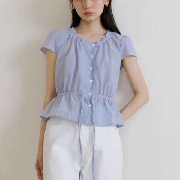 [BUNJANG] Ring Seoul Shirring Peplum Blouse - Stripe Blue / 링서울 shirring peplum blouse-stripe 스트라이프 블루 블라우스