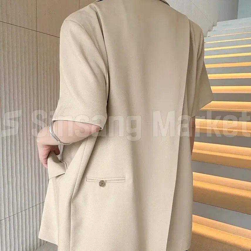 [BUNJANG] Women's Loose Fit Slanted Shoulder Pad Pocket Collar Short Sleeve Jacket / [빠른발송] 뒷트임 반팔 자켓 국내 루즈핏 사선 패드 포켓 카라 빅사이즈