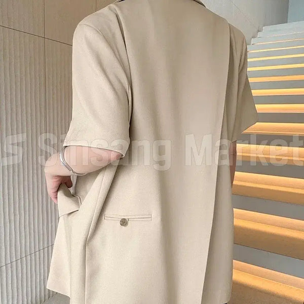 [BUNJANG] Women's Loose Fit Slanted Shoulder Pad Pocket Collar Short Sleeve Jacket / [빠른발송] 뒷트임 반팔 자켓 국내 루즈핏 사선 패드 포켓 카라 빅사이즈