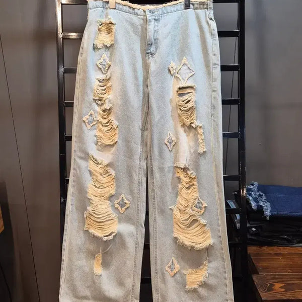 [BUNJANG] GATELESS Light Washing Damage Destroyed Wide Denim Pants / [L] 게이트리스 GATELESS 라이트워싱 데미지 디스트로이드 와이드 데님 팬츠 4.0