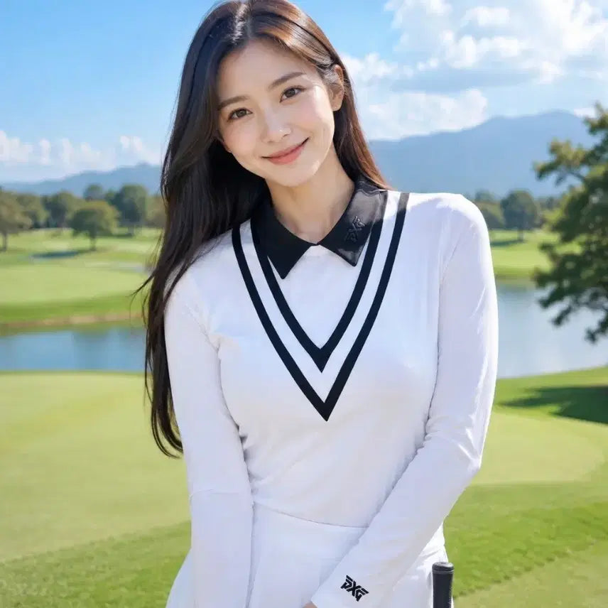 [BUNJANG] PXG Women's Layered V-Neck Collar Long Sleeve Golf T-Shirt - Size S / [정품]PXG 여성 레이어드 브이넥 카라 긴팔 골프 티셔츠 S