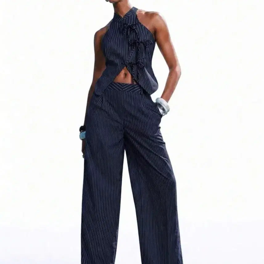[BUNJANG] Stripe Sleeveless Top and Wide Pants Set / 스트라이프 나시 탑 와이드 팬츠 세트