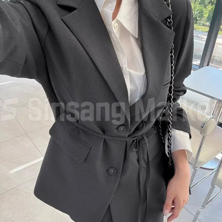 [BUNJANG] KAMI Loose Fit Double-Button String Ribbon Jacket / [빠른발송] 카미 끈 자켓 국내 카라 루즈핏 더블버튼 스트링 리본 오피스