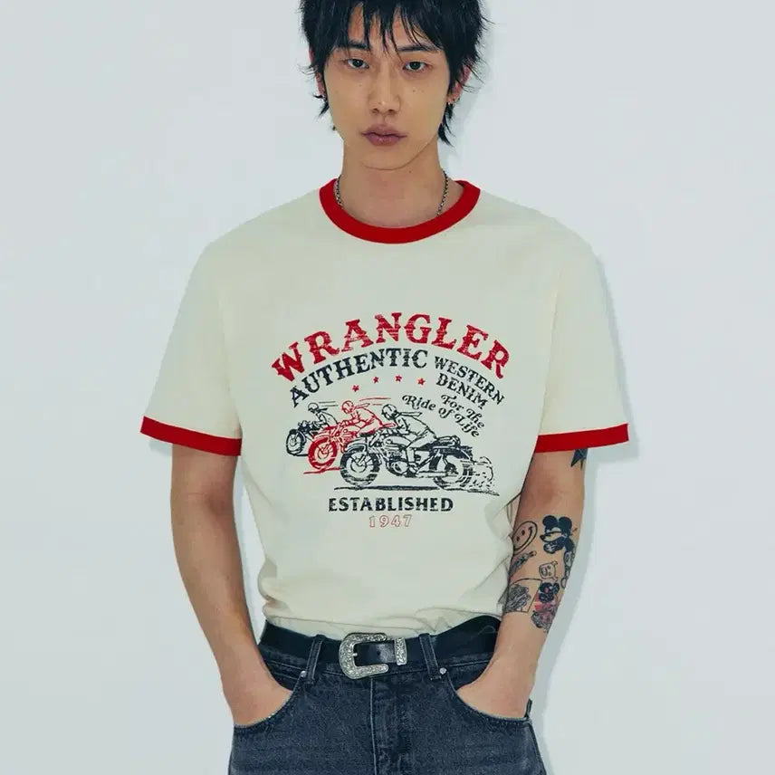 [BUNJANG] Wrangler Motorcycle Ringer T-Shirt / 랭글러 MOTOCYCLE RINGER T-SHIRT 반팔 티셔츠 M