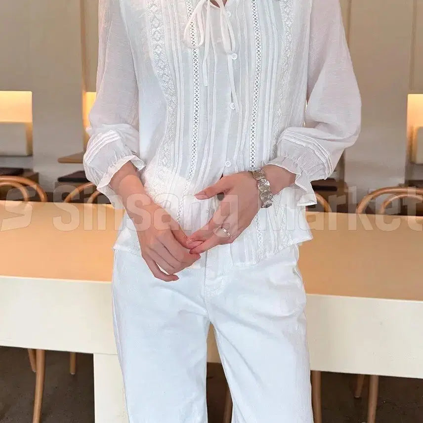 [BUNJANG] Grapefruit Blouse Shirt with Lace, Frill, Tuck, Embroidery, and Ribbon Detail / [빠른발송] 자몽 블라우스 셔츠 레이스 프릴 턱 자수 끈 리본 레이어드