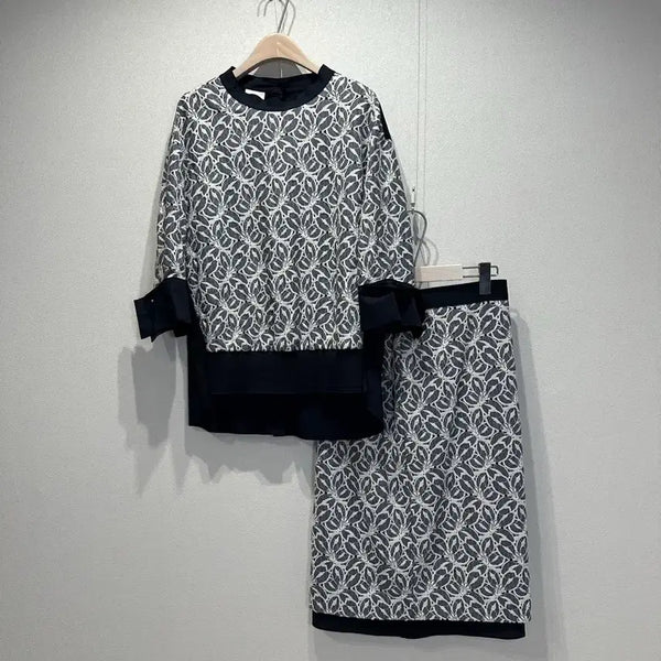 [BUNJANG] KUHO Textured Lace Blouse and Skirt Set / 구호 텍스쳐블록 레이스 블라우스 스커트 셋업