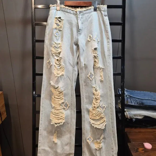 [BUNJANG] GATELESS Light Wash Damage Destroyed Wide Denim Pants / [S] 게이트리스 GATELESS 라이트워싱 데미지 디스트로이드 와이드 데님 팬츠 3.9