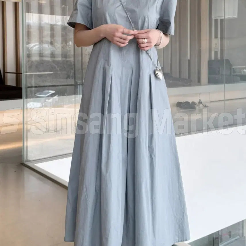 [BUNJANG] Belle Short Sleeve Dress Pin Tuck Embroidery A-Line Pleated Puff Long Loose Fit / [빠른발송] 벨르 반팔 원피스 핀턱 자수 A라인 플리츠 퍼프 롱 루즈핏