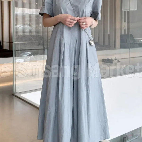 [BUNJANG] Belle Short Sleeve Dress Pin Tuck Embroidery A-Line Pleated Puff Long Loose Fit / [빠른발송] 벨르 반팔 원피스 핀턱 자수 A라인 플리츠 퍼프 롱 루즈핏