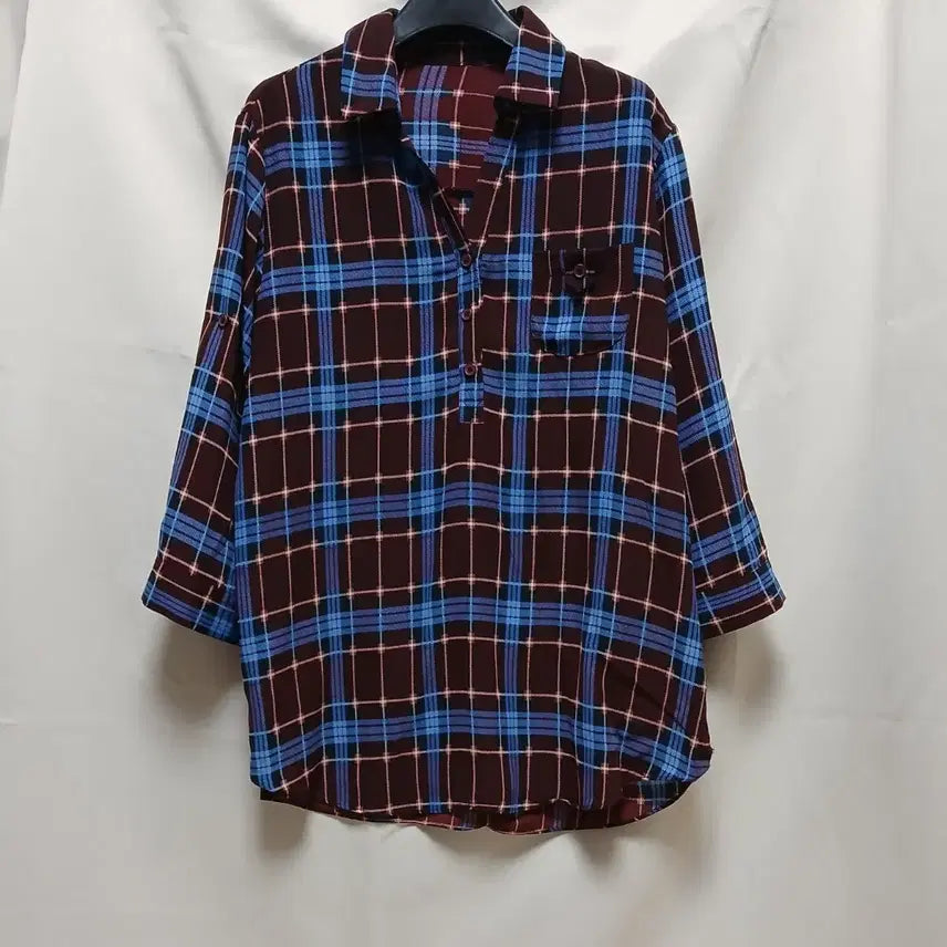 [BUNJANG] Women's Check Roll-Up Sleeve Blouse Shirt / 여성 체크 롤업 셔츠 블라우스