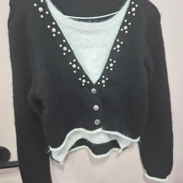 [BUNJANG] Pearl Cardigan Layered Knit / 가디건레이어드 니트새거