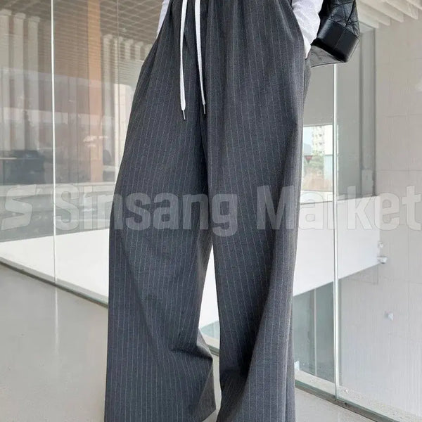 [BUNJANG] Stripe Color-Block Wide Pants with Drawstring / [빠른발송] 아크 와이드 팬츠 국내 스트라이프 배색 밴딩 스트링 롱 시크