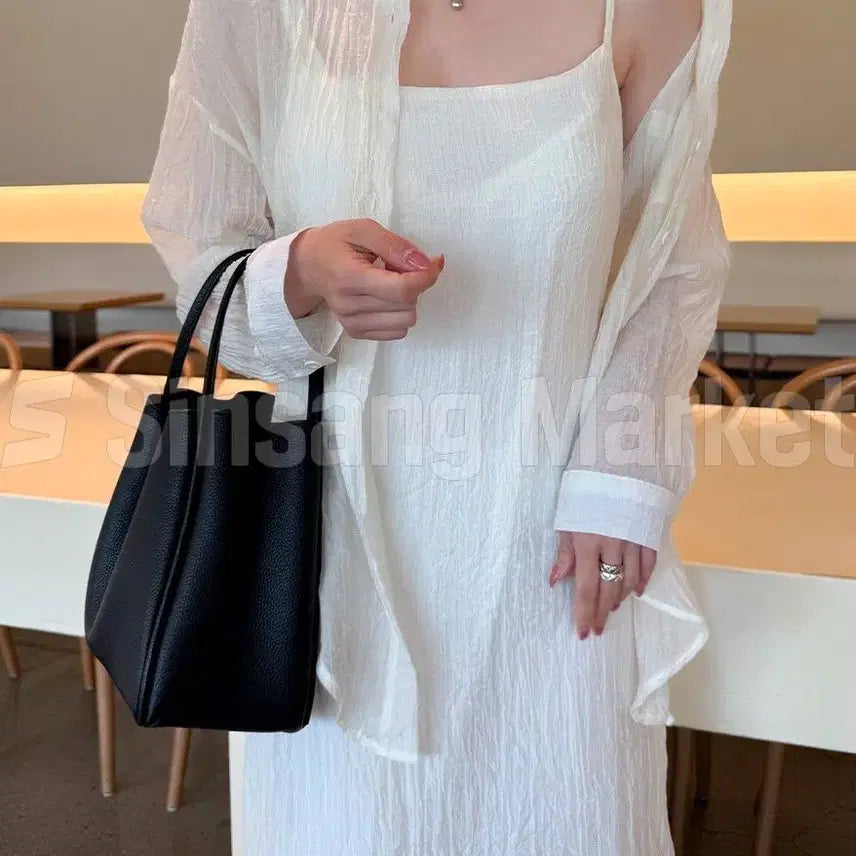 [BUNJANG] Ribbon Shirt Set Pleated Dress Two-Piece Strap See-Through Loose / [빠른발송] 리본 셔츠 세트 주름 원피스 투피스 끈 나시 시스루 루즈 쉬